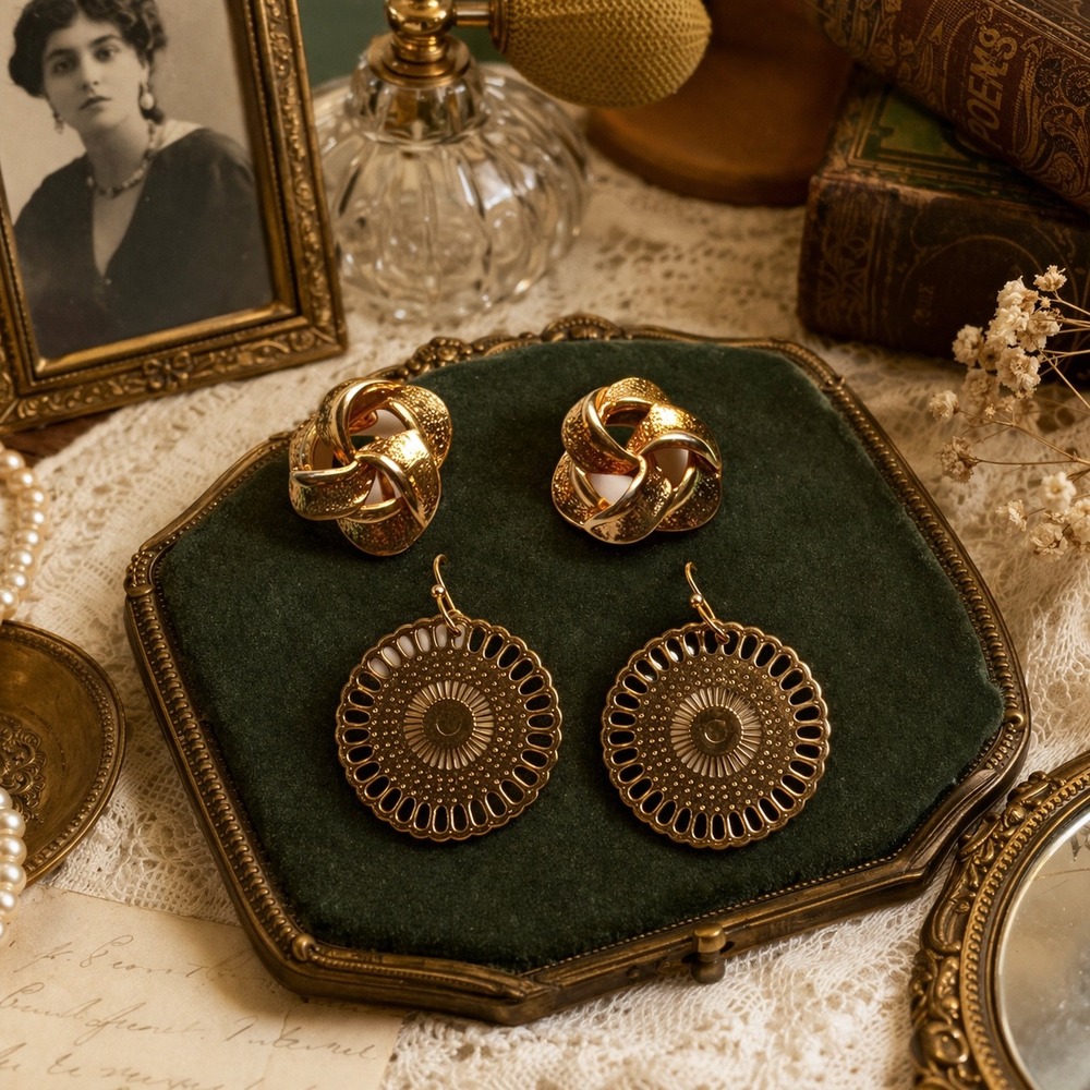 Earrings Lot Gold Tone Vintage Knot Clip On Filigree Disc Boho Retro Statement